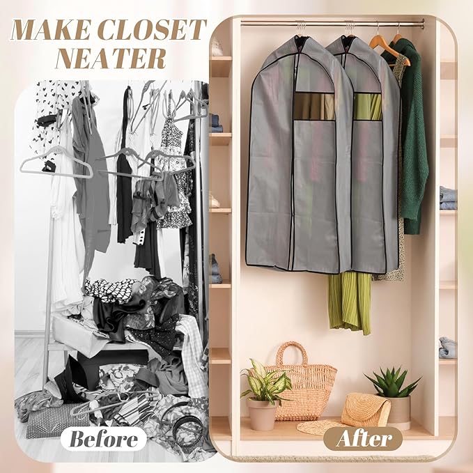 2 Pcs 10" Gusseted Garment Bags for Hanging Clothes Dress Bags for Gowns Long Closet Waterproof Garment Covers Wedding Dress Cover Traveling Clothes Protector(Gray,54 Inch)