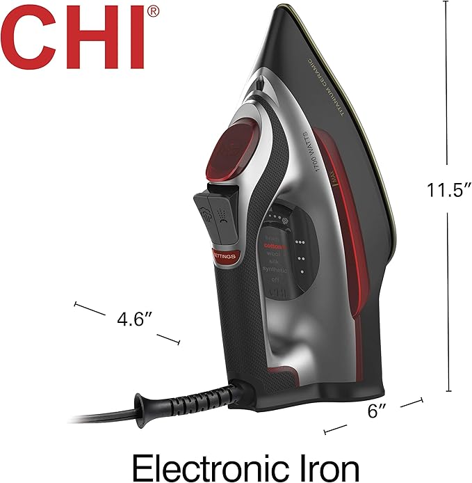 CHI Steam Iron for Clothes with Electronic Temperature Control, Titanium Infused Ceramic Soleplate, 1700 Watts, XL 10’ Cord, 3-Way Auto Shutoff, 300+ Holes, Professional Grade, Silver (13107)