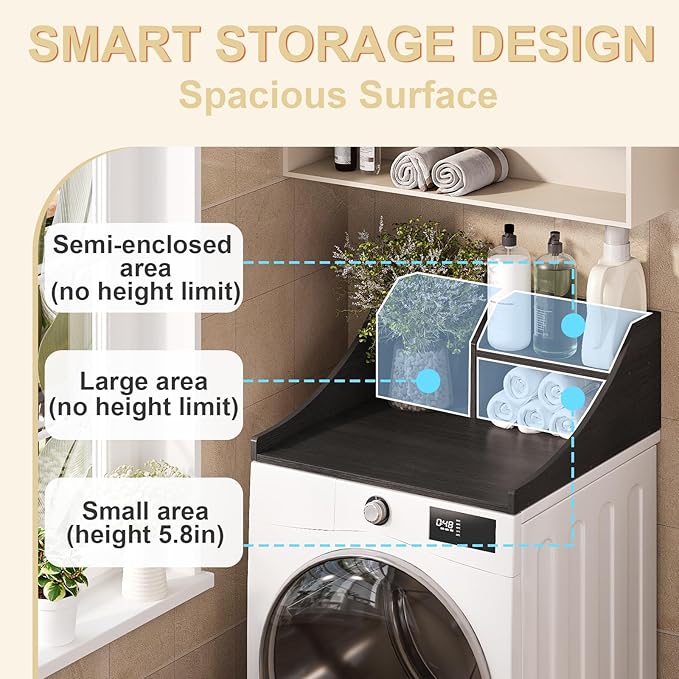 Laundry Countertop Single, 2-Tier Washer Dryer Countertop Laundry Topper with Edge and Non-Slip Pad for Washer Dryer Laundryroom Counter Storage Organization, Black 27‘’