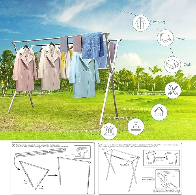 Clothes Drying Rack Folding Indoor Outdoor Rolling Portable Laundry Drying Rack, Heavy Duty Laundry Hanger Dryer Rack with 20 Hooks