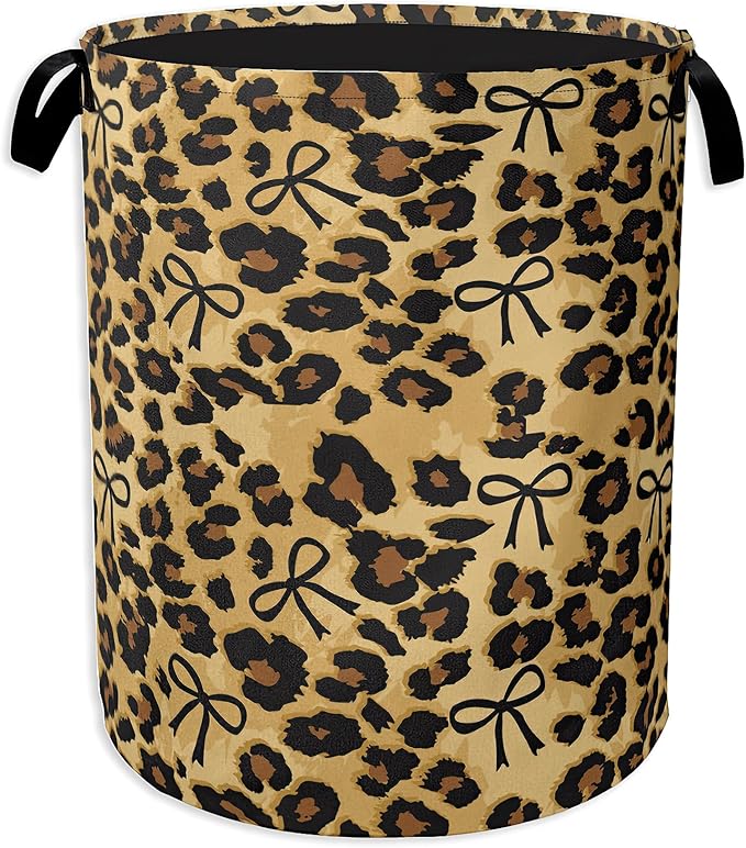 Brow Leopard Laundry Basket,Black Bow Clothes Hamper,Oxford Cloth Collapsible Nursery Hamper Storage Organization for Bedroom,Bathroom,Office,College Dorms,16x20 Inch