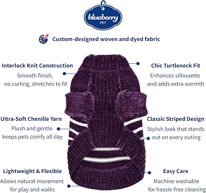 Blueberry Pet Cozy Soft Chenille Classy Striped Dog Sweater in Dark Plum, Back Length 10", Pack of 1 Clothes for Dogs