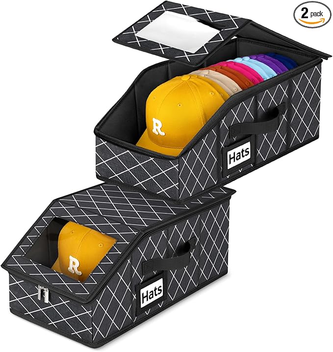 Dofilachy 2 Pack Stackable Hat Storage for Baseball Caps, Holds 28 Caps - Closet Organizer Box with Clear Window & Cardboard，Sturdy Snapback Hat Boxes for Home Storage (lozenge, 2)