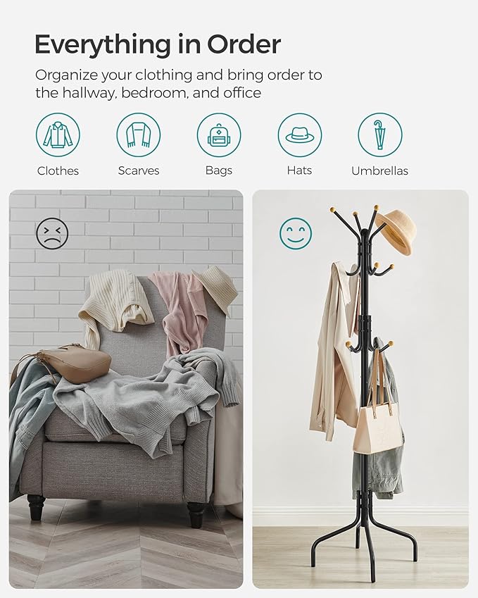 SONGMICS Coat Rack Freestanding, Metal Coat Rack Stand with 12 Hooks and 4 Legs, Holds Clothes, Hats, and Bags, for Entryway, Living Room, Bedroom, Black URCR031B01