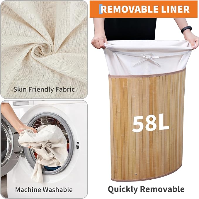 GarveeHome Corner Laundry Hamper with Lid, 15.3 Gal / 58 L Large Foldable Bamboo Laundry Basket with Washable Liner Bag, Wicker Clothes Hamper for Bedrooms Bathrooms Apartments, Natural