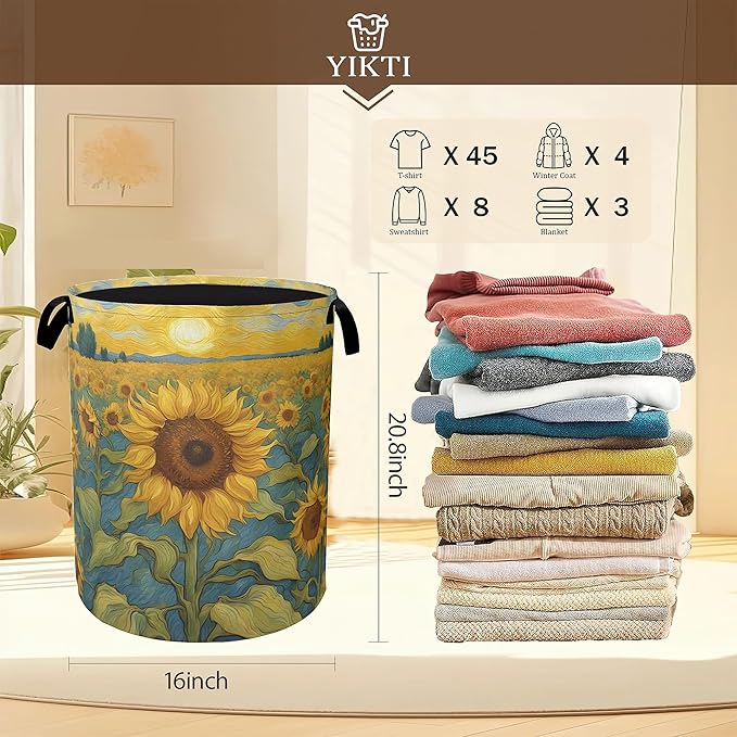 Retro Sunflower Field Laundry Basket,Rustic Farmhouse Clothes Hamper,Oxford Cloth Collapsible Nursery Hamper Storage Organization for Bedroom,Bathroom,Office,College Dorms,16x20 Inch