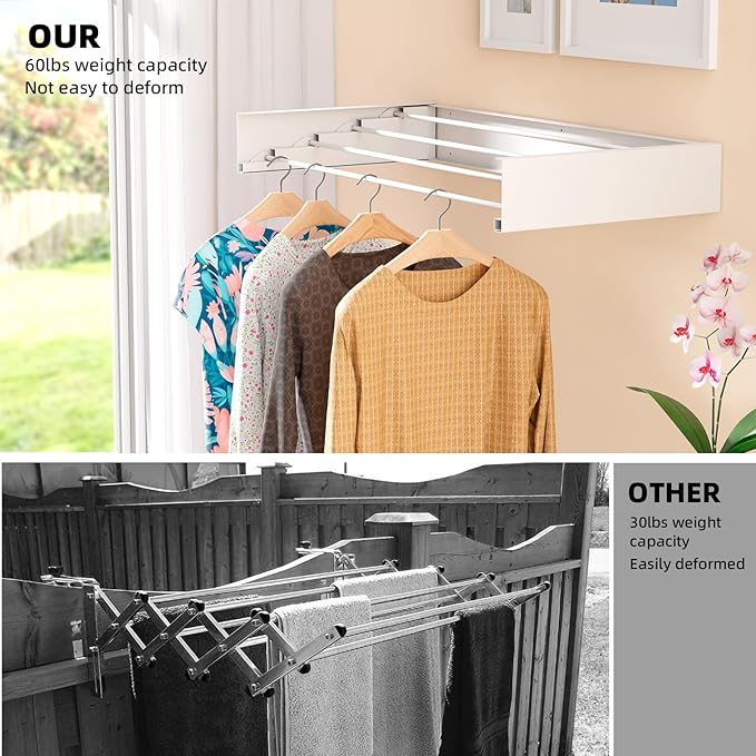 Laundry Drying Rack Collapsible, Wall Mounted Clothes, Retractable Wall Drying Rack, 23.6" Wide, 4 Aluminum Rods, Max 60 lb Capacity (White, 23.6'')