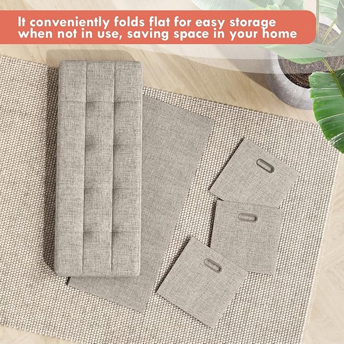 Ornavo Home Storage Ottoman with 3 Drawers, 40 Inches Long Foldable Tufted Linen Large Bench Ottoman with Storage, Foot Rest Stool Seat, for Living Room, Bedroom, Entryway, Beige