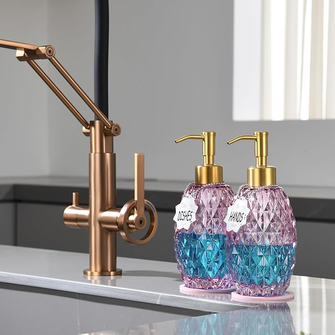 MALACHI Soap Dispenser Set, Crystal-Textured Diamond Glass with Rustproof Stainless Steel Pump, Dual-Labelled Hand & Dish Soap Dispenser for Kitchen & Bathroom