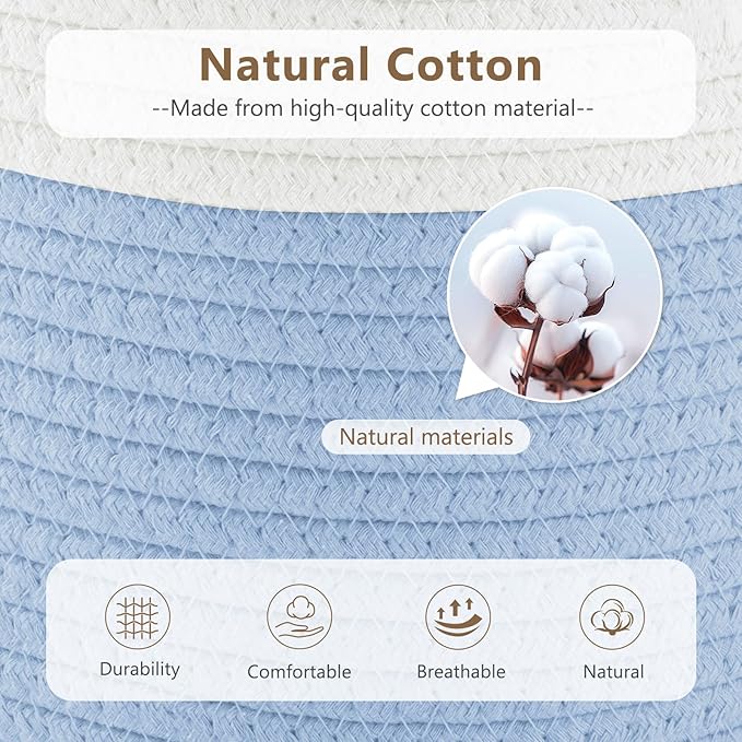 Cotton Rope Basket, Storage Baskets with Handle, 15x10x9 Inch Woven Basket for Shelves, Laundry, Towels, Clothes, Books (White/Blue 2Pack)