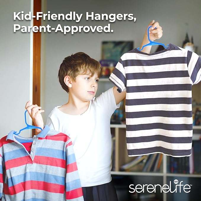 SereneLife 60 Pack Kids Plastic Hangers - Slim Design with Shoulder Grooves, Everyday Standard Use, Ideal for Boys and Girls Closet - Children's Hangers for Baby, Toddler, and Child Clothes (Blue)