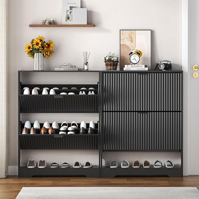 Shoe Cabinet Storage for Entryway with 2 Flip Drawers, Black Fluted Shoe Cabinet with Open Storage, Wooden Hidden Shoe Rack Freestanding Narrow Slim Shoes Organizer for Hallway, Entrance