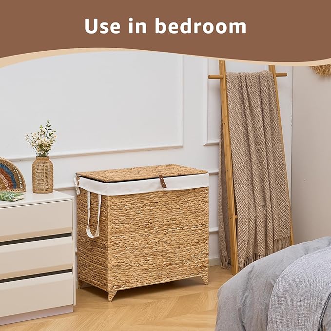 Handwoven Laundry Hamper with Lid, Natural Hyacinth Heightened Feet Laundry Basket, Wicker Clothes Hamper with Removable Liner Bag (Natural-A, 120L)