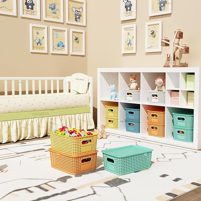 Plastic Storage Basket with Lids 12 Pack Stackable Colorful Storage Bins Containers with Lid, Decorative Storage Boxes for Organizing Shelves, Drawers, Playroom, Classroom, Office, Closet