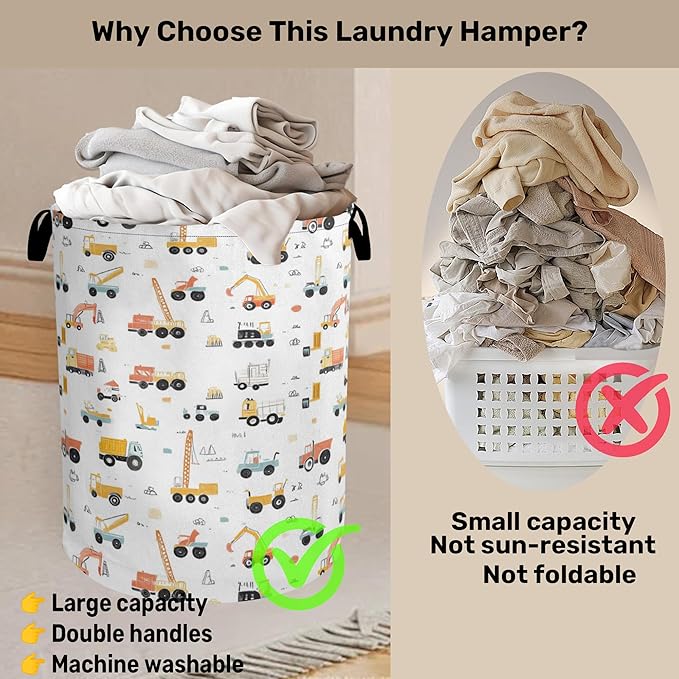 Cartoon Construction Vehicle Foldable Canvas Laundry Basket with Handles - Toy Organizer, Heavy Duty for Home，Bedroom, Dorm, Bathroom