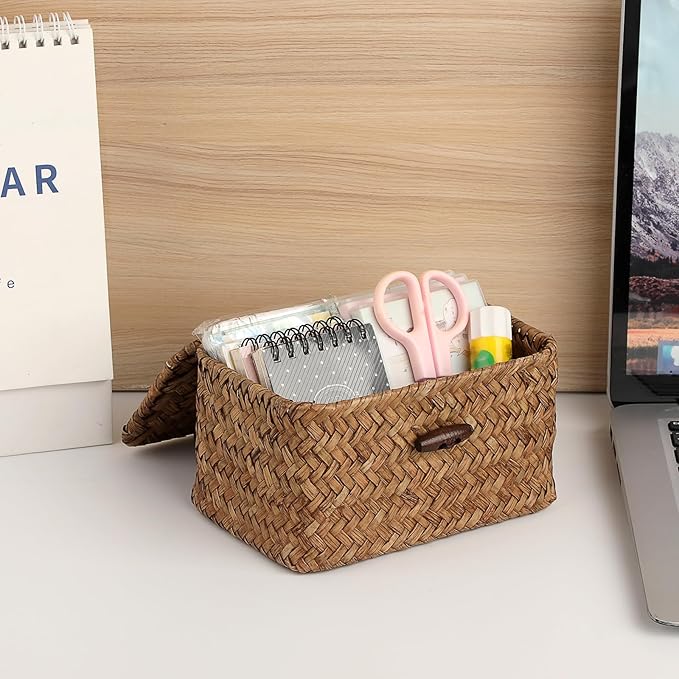 Handwoven Wicker Storage Basket Small Seagrass Box with Lid Multipurpose Table Organizer for Dental Floss Paper Clip Holder, 6.1" x 4" x 3.3"