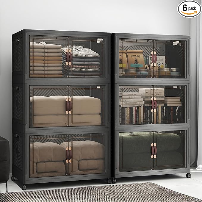 Extra Large Stackable Storage Bins, Lockable Storage Bins with Lids, Folding Storage box with Doors and Wheels, Collapsible Plastic Drawers for Home, Garage, Office (6, Black, Extra Large)