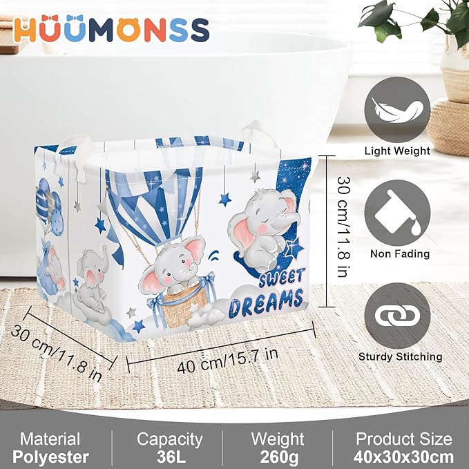 Sleeping Animals Baby Laundry Hamper Collapsible Clothes Kids Storage Basket Large Boys Girls Gift Toy Box Bin for Nursery, Elephant, 36L