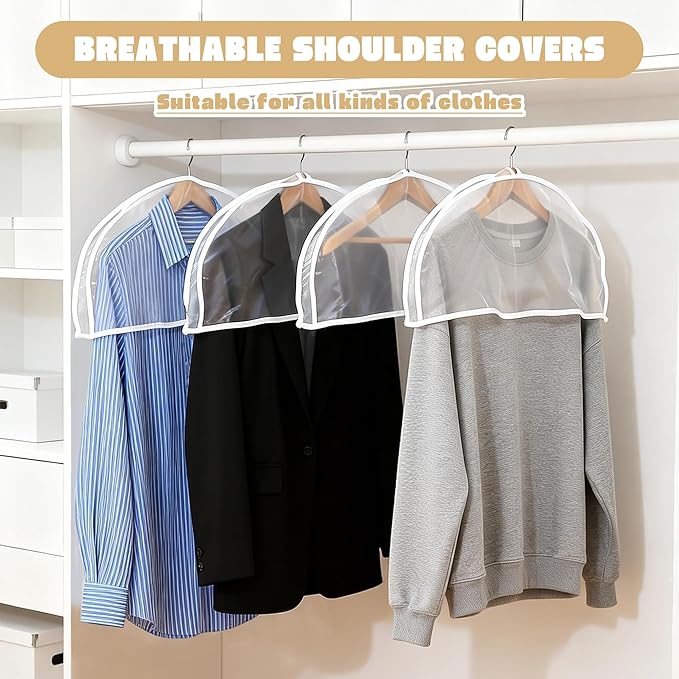 25 Pcs Shoulder Covers for Hanging Clothes 24 x 12 x 2 Inches Plastic Hanger Garment Dust Covers Breathable Protectors with 2" Gusset for Closet Storage Suit, Coats, Jackets, Dress, Reusable