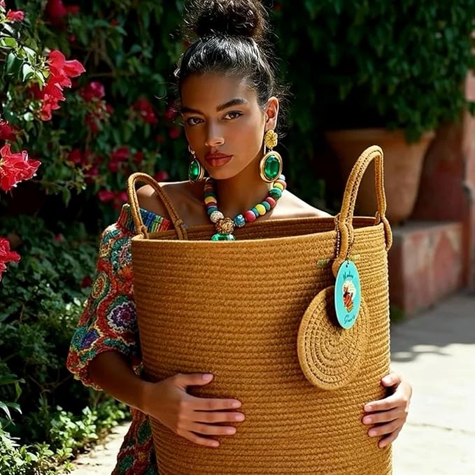 Modern Granny Extra Large Cotton Rope Laundry Hamper 16x22 Inch Dual Secure Woven Handle for Living Room Closet Clothes Blanket Organization