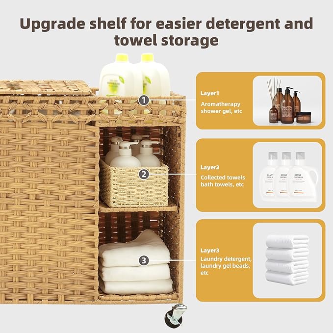 Laundry Hamper with Lid, 160L Rattan Wicker Laundry Basket with Wheels, Handwoven Laundry Hamper 2-Section with Storage shelf(42.3 Gal), Laundry Sorter Basket with Removable Liner, Natural HLH032N