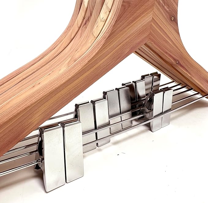 Cedar Elements Flat Top Cedar Hangers – French Style 12 Pack for Adult Size (with Metal Clips for Pant Skirt Hanging)