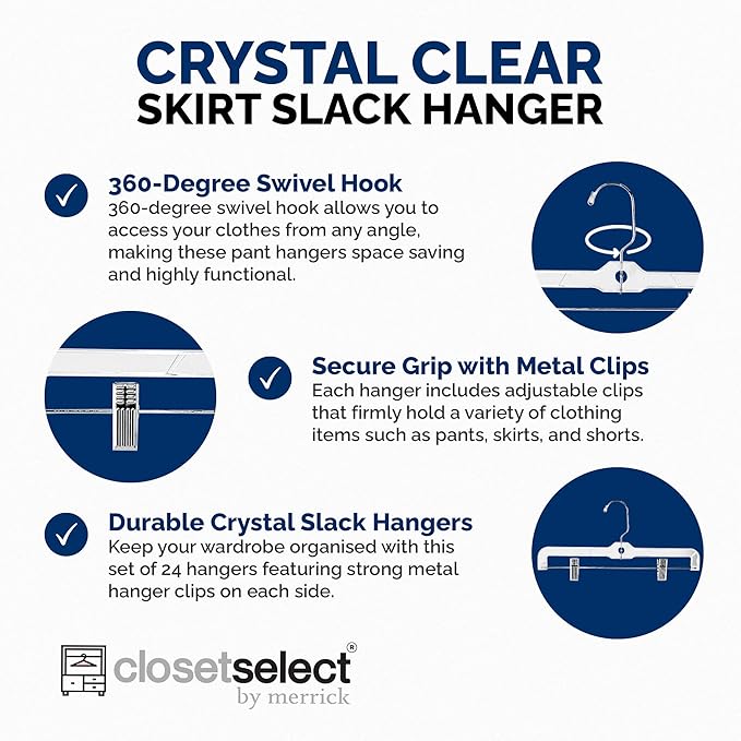 24 Pack Crystal Clear Skirt Slack Hanger, for Everyday Skirts, Pants, Shorts, More