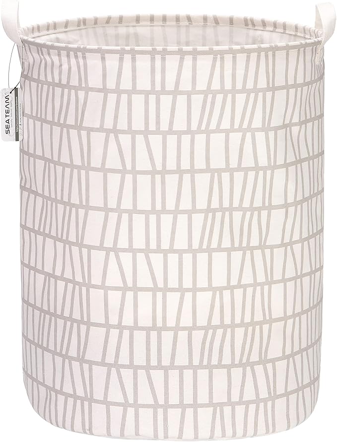 Sea Team 19.7 Inches Large Sized Waterproof Coating Ramie Cotton Fabric Folding Laundry Hamper Bucket Cylindric Burlap Canvas Storage Basket with Stylish Branch Grey Design