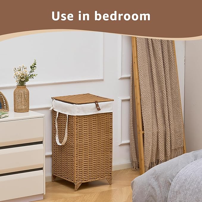 Handwoven Laundry Hamper with Lid, Natural Hyacinth Heightened Feet Laundry Basket, Wicker Clothes Hamper with Removable Liner Bag (Wicker, 65L)