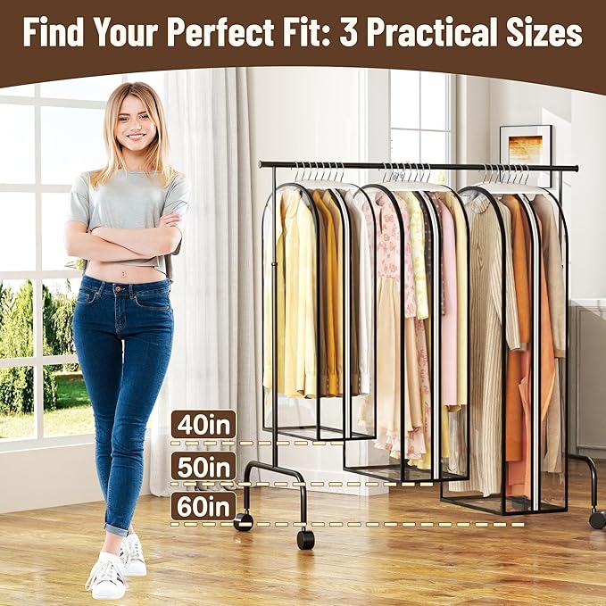 Garment Bags for Hanging Clothes 60” Long, Ultra Clear Suit Bags for Closet Storage, Moving Organization, Travel Covers with 10" Gussets for Coat, Dress, Shirt and Sweater - 2 PCS
