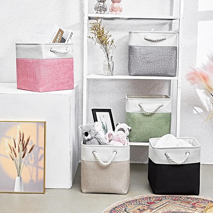 Cube Storage Bins, Collapsible Fabric Storage Cubes Bins, 11 Inch Cube Storage Bins with Handles, Foldable Storage Cubes (White/Black, 6Pack)
