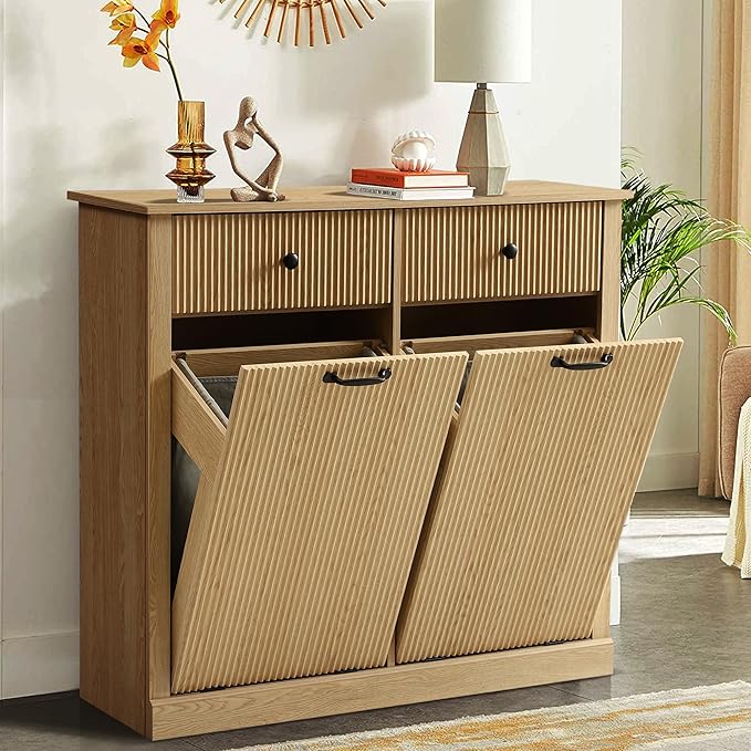 Double Tilt Out Laundry Hamper Cabinet, Modern Fluted Trash Can Cabinets with Drawer, Wooden 22 Gallon Hidden Garbage Cabinet with Storage Baskets for Kitchen Bathroom(Natural Oak, Full)