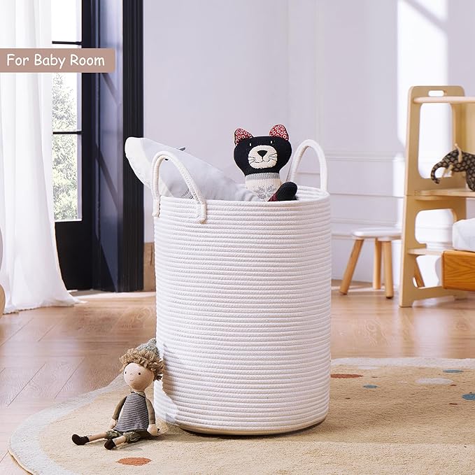 60L Pure White Woven Hamper Laundry Basket Cotton Rope Blanket Basket for Living Room 15Dx20H inches Tall Clothes Hamper for Baby Nursery Kids in Bedroom