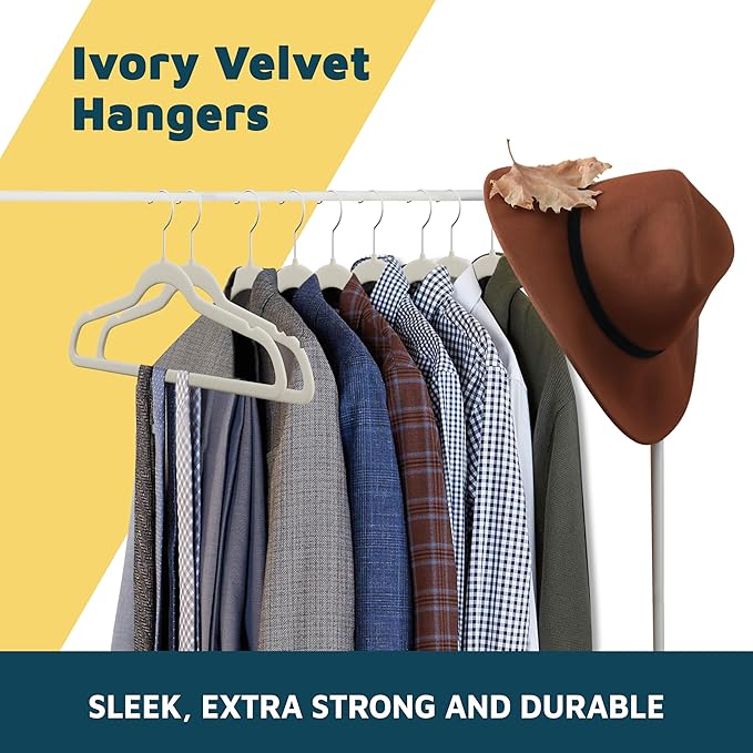 Lifemaster Velvet Non-Slip Hangers - 20 Pieces Non-slip Coat Hanger Set with 360° Swivel Hook, Space-Saving, Sleek Design, Keep Closet Organized, Smooth Velvet Finish, Lightweight Construction - Ivory