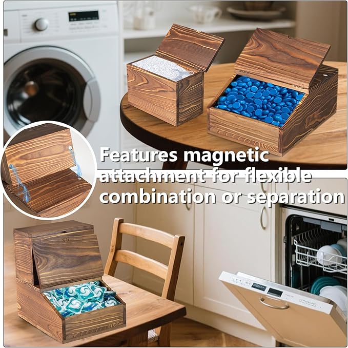 Wooden Laundry Dishwasher Pods Container,Multi-Use Dishwasher Pods Holder & dryer sheet holder, Storage with Spoons for Laundry Room & Kitchen Organization