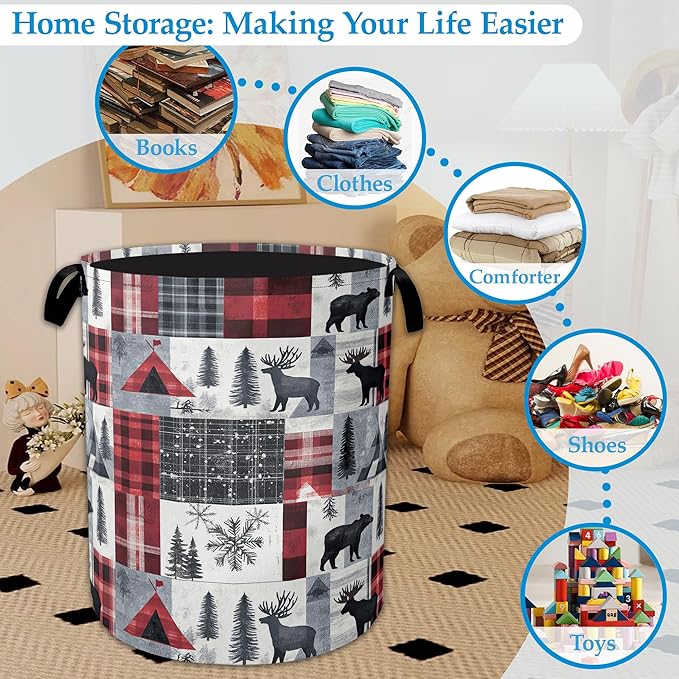Vintage Forest Bear Laundry Hamper Animal Deers Laundry Basket Collapsible Portable Clothes Toy Storage Bin for Bathroom Bedroom Room Decor 16 X 20.8 Inch