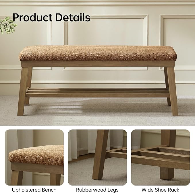 VKNOW Entryway Bench, 44.4" Upholstered Storage Shoe Bench for Entryway & Bedroom, Shoe Rack Bench with Rubberwood Legs, Modern End of Bed Bench for Living Room and Hallway, Orange