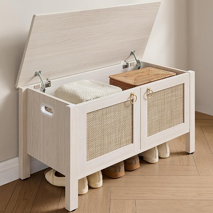 SICOTAS Rattan Shoe Rack Bench with Lift Top Storage: White Farmhouse Boho Shoe Cabinet Entryway Bench with Safety Hinges, Wooden Storage Chest for Bedroom, Entryway, Hallway, Living Room