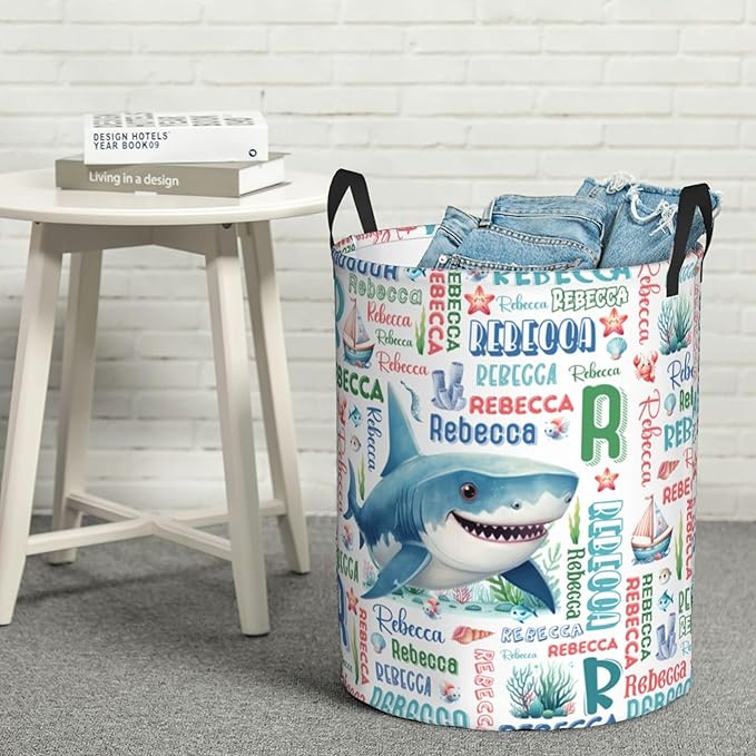 Personalized Shark Laundry Basket For Baby Kids Boys Girls Adult Custom Hamper Basket With Name For Bathroom Bedrooms Collapsible Baby Laundry Basket, Dirty Clothes Hamper With Handles