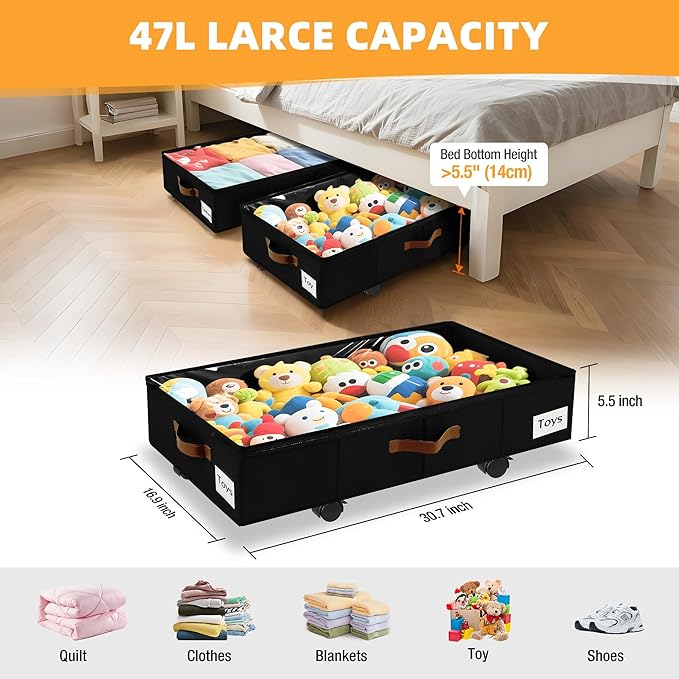 4 Pack Under Bed Storage–30.5×17×5.5" Under the Bed Storage with Wheels Sturdy Sidewalls/Bottom, Clear Cover, Label and PU Handle, Rolling Underbed Drawers for Clothes, Shoes, Toys, Blankets,Black