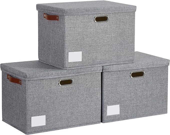 15" Large Collapsible Storage Bins with Lids, Stackable Closet Organizers with PU Handle and Labels, 3-Pack Decorative Fabric Storage Boxes for Home, Bedroom, Closet, Office, Nursery(Gray)