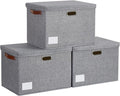 15" Large Collapsible Storage Bins with Lids, Stackable Closet Organizers with PU Handle and Labels, 3-Pack Decorative Fabric Storage Boxes for Home, Bedroom, Closet, Office, Nursery(Gray)