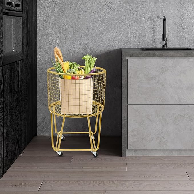 Wire Metal Deep Set Rolling Laundry Basket,Mesh Wire Laundry Basket Storage Cart for Bathroom Bedroom Dirty Clothes Storage (F)