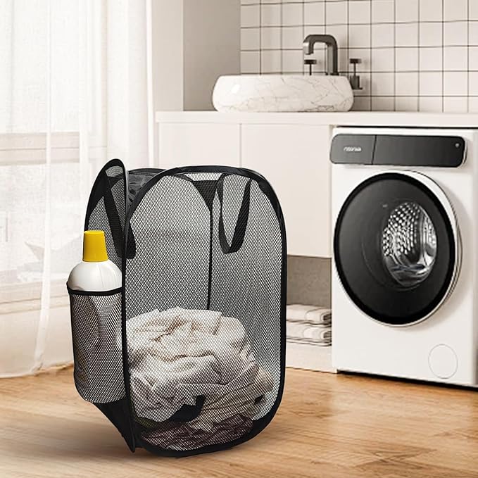 The upgraded pop-up laundry basket features a breathable side pocket mesh design, making it ideal for rooms, apartments, dormitories, travel, business trips, and children's storag(1, Black)