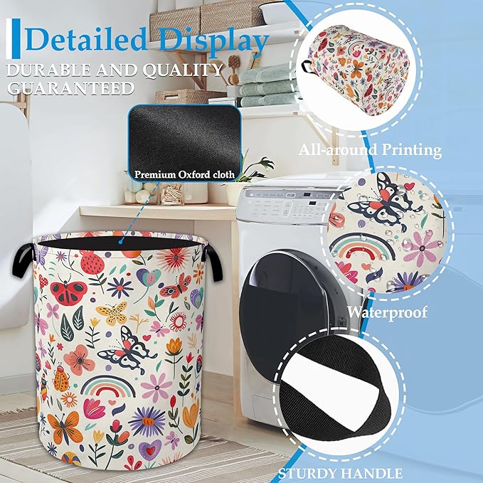 Colorful Butterfly Flowers Laundry Basket Collapsible Laundry Hamper Clothes Toy Storage Bin for Bathroom Bedroom Room Decor 16" X 20.8"