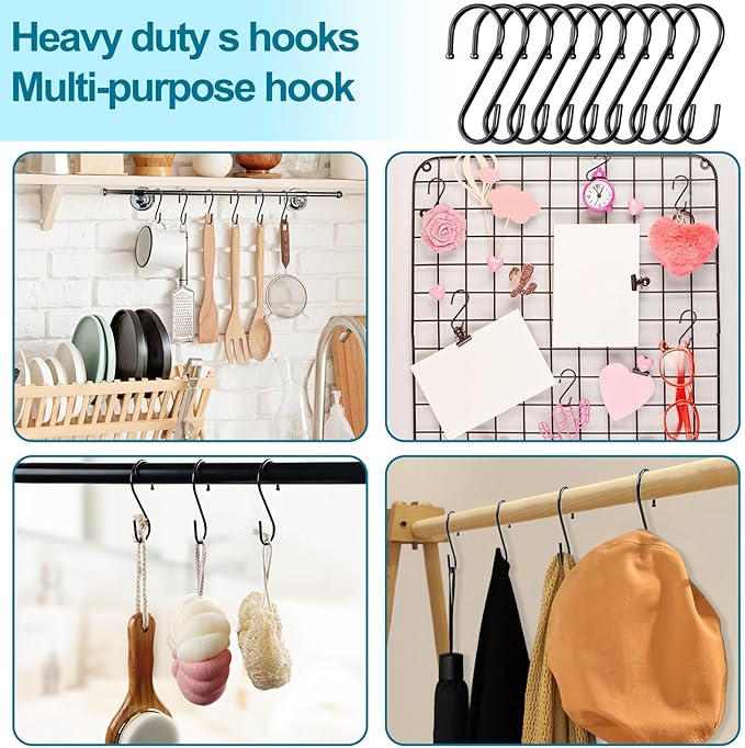 24 Pack S Hooks, 3.5 Inch Heavy Duty S Hooks for Hanging Plant, Large Closet Rod Hooks for Jeans Bags, Black Metal S Shaped Hook for Plant Basket, Pots Pans Wire Shelf Rack, Utensils, Towels