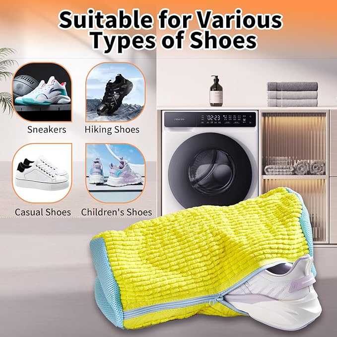 2Pcs Reusable Shoe Cleaning Bag, Yellow Mesh, Polyester, Laundry Bags, Zipper Closure, XX-Large, Modern, Hangable, Scratch Resistant, 2 Count