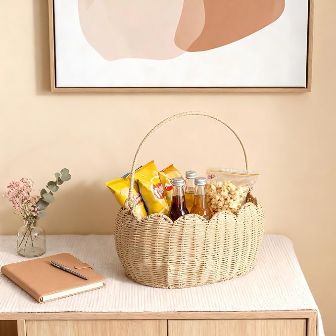 Scalloped Round Basket with Handle, Super Sturdy Wicker Storage Baskets, Hand Woven Basket for Shelves,Natural Baskets for Organizing (White Rattan 12.6"*9"*6.1")