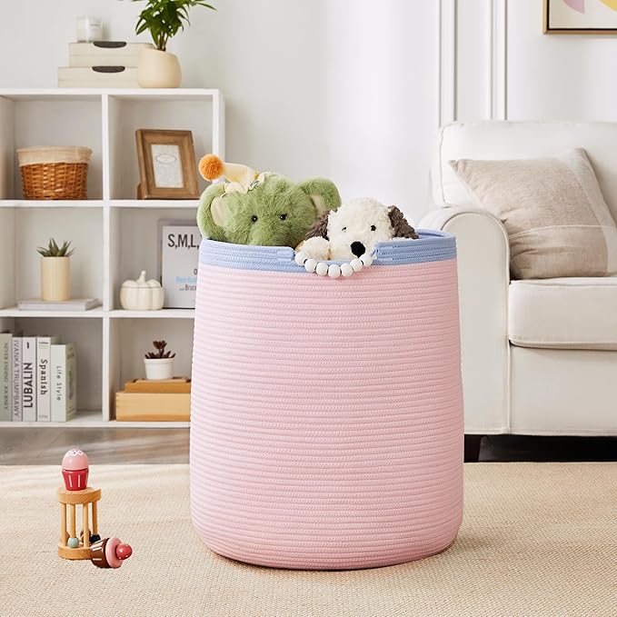 65L Pink Woven Rope Laundry Hamper Basket for Clohtes Boho Tall Rope Baskets for Blanket Large Baby Nursery Hamper for Girls Kids 16"Wide 19"Tall