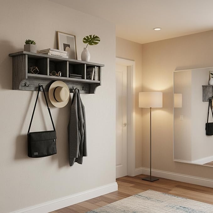 Alaterre Furniture Pomona Entryway Organizer – Rustic Industrial 48-Inch Wall-Mounted Coat Rack with 6 Double Hooks & 4 Open Cubbies – Solid Wood Mudroom Storage for Apartment or Hallway (Slate Grey)
